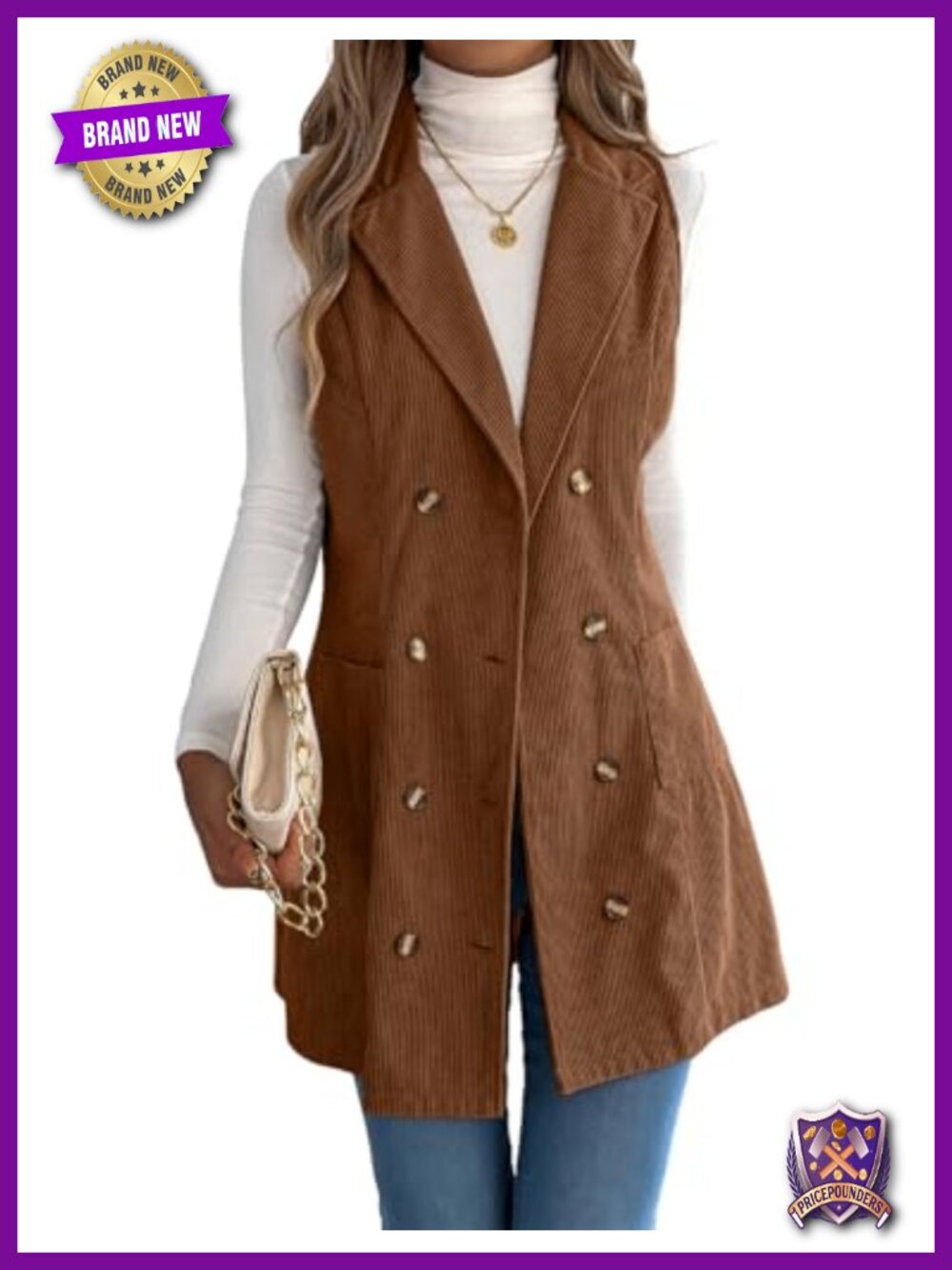 Womens Long Corduroy Vest Double Breasted Sleeveless Blazer